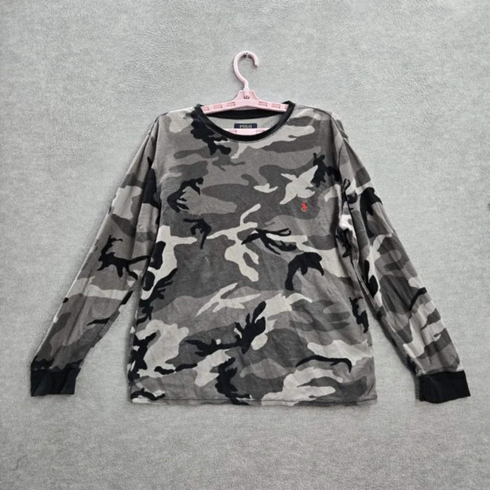 Polo Ralph Lauren Men‎ Sleepwear L Gray Logo Camouflage Pajama Shirt Pullover